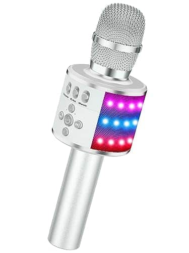 BONAOK Bluetooth Wireless Karaoke Microphone with LED Lights,in Portable Handheld Mic with Speaker Karaoke Player for Singing Home Party Toys Birthday Gift for Kids Adults Girls Q(Silver)