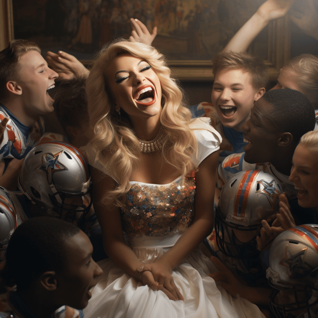Best a Smiling Supermodel Cheerleader Surrounded by Football Players Laughing