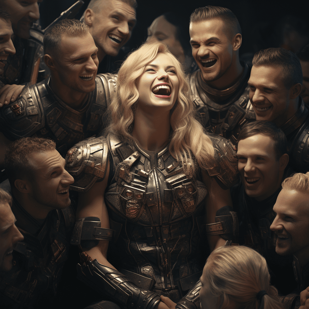 Best Blonde Female Supermodel Warrior Surrounded by Male Bodybuilders Laughing