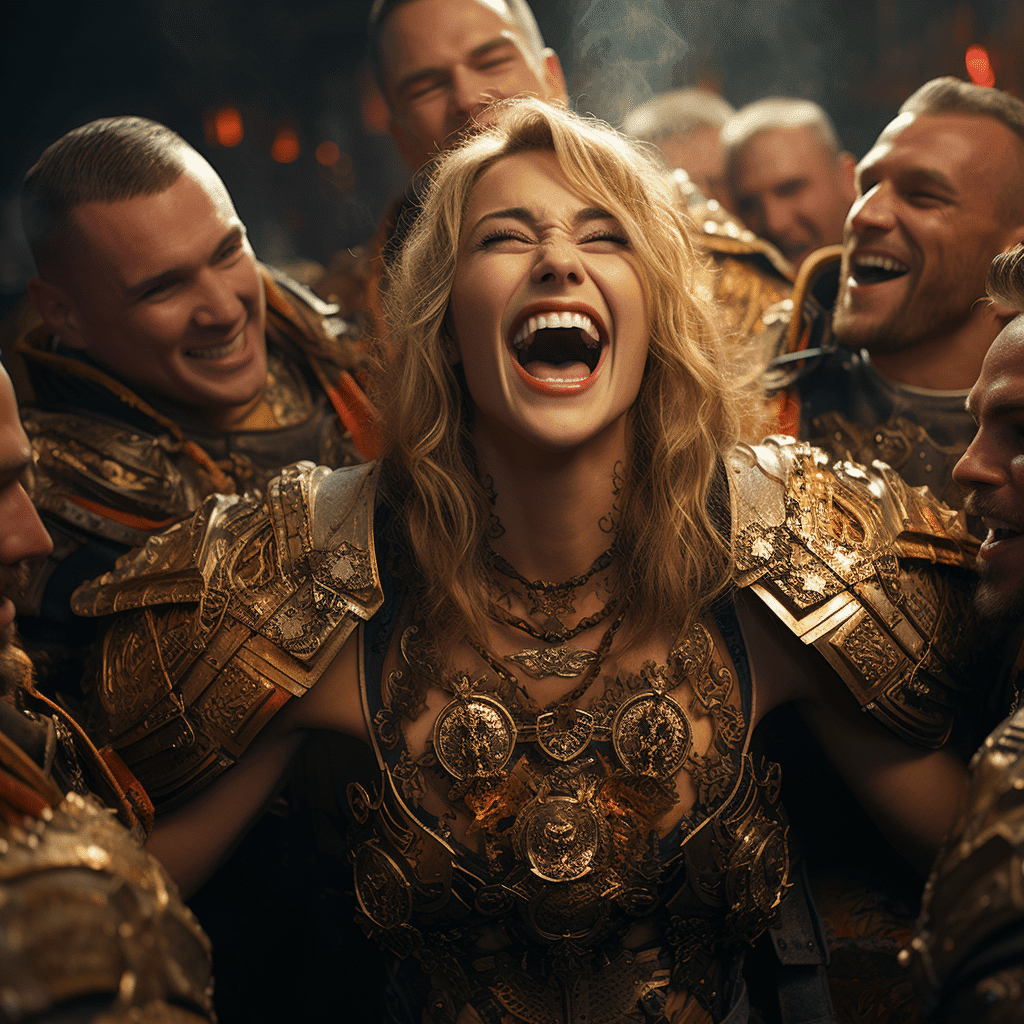 Best Blonde Female Supermodel Warrior Surrounded by Male Bodybuilders Laughings