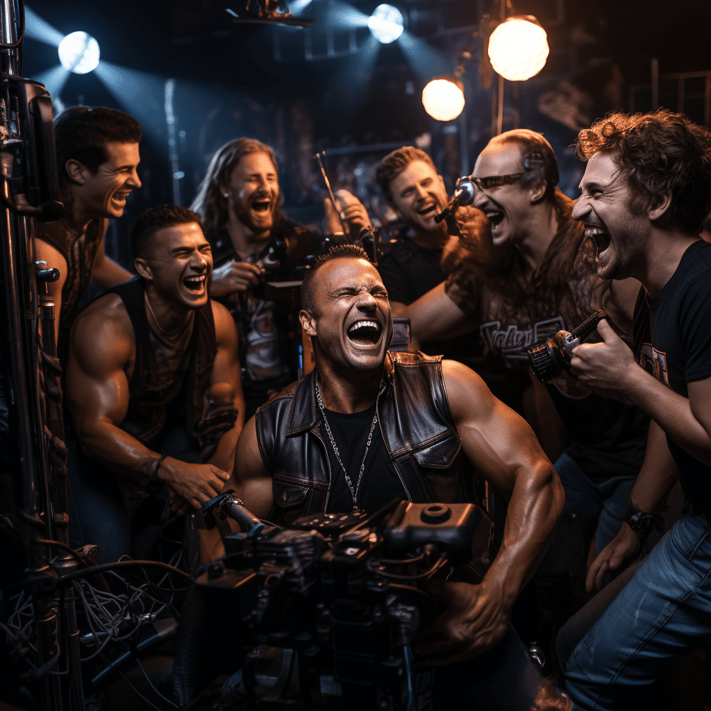 Best Female Brunette Supermodel Laughing While Surrounded by Laughing Bodybuilders on a Film Sets