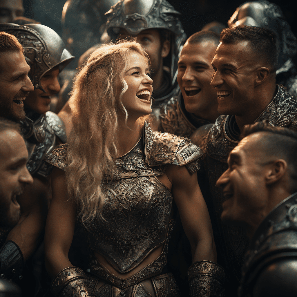 Blonde Female Supermodel Warrior Surrounded by Male Bodybuilders Laughing