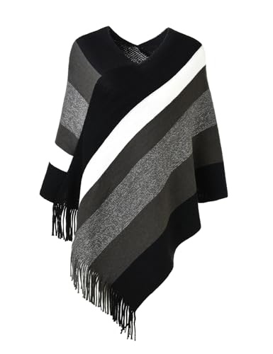 Ferand Women's Casual Striped Poncho Sweater Versatile Fringe Shawl Wrap, One Size, Black & Grey