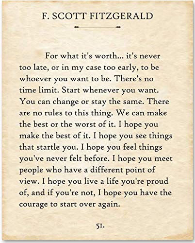 F Scott Fitzgerald Quotes Wall Art   For What It's Worth   F. Scott Fitzgerald Vintage Wall Art Decor   x  Library Decor, for Women and Men Office Decor, Book Pages   Great Gatsby Decorations